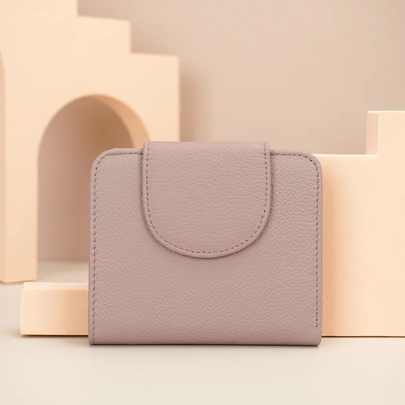 Carteira curta de couro genuíno, zíper com fivela feminina, porta-cartões dobrável, carteira feminina multifuncional