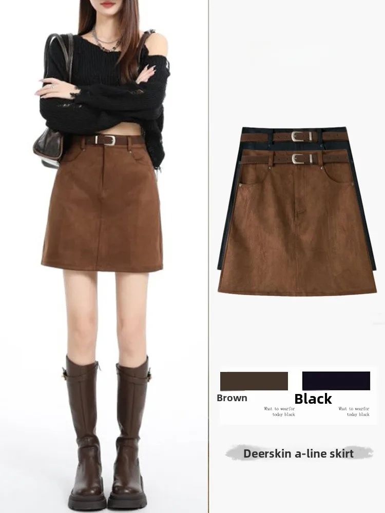 

Ретро-юбка из замши с высокой талией, женская, для повседневной носки, осенне-зимняя, новая модная корейская версия, облегающая короткая юбка