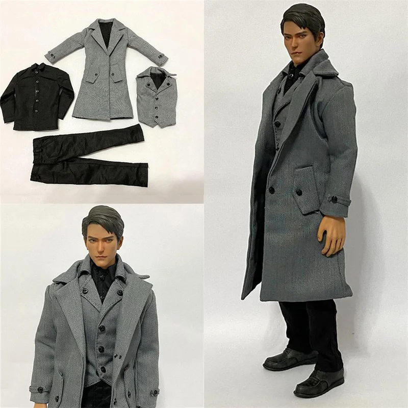 DOLLSFIGURE CC307 4 pcs/set 1/6 Scale Male Grey Western Suit Windbreaker Vest Shirt Pants Clothing for 12 inches Action Figures