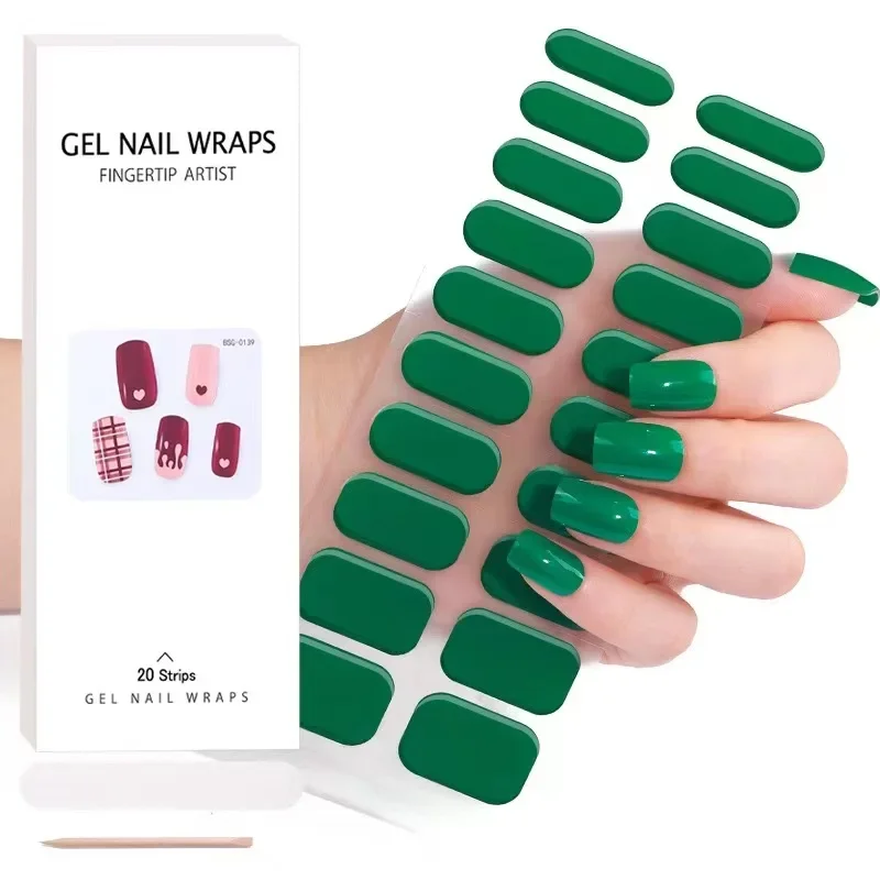 Pure Kleur Semi-Uitgeharde Gel Nagelstickers 20Tips Uv/Led Baklamp Gel Nagellak Wraps Glitter Volledige Cover Gel Sticker Manicure