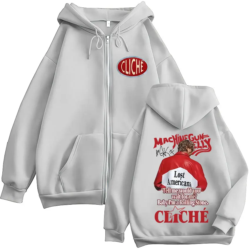 مغني الراب Mgk Lost Americana Tour 2025 قلنسوة بسحاب الرجال النساء الهيب هوب كنزة صوف معاطف البلوز Vintage كم طويل مقنع #3