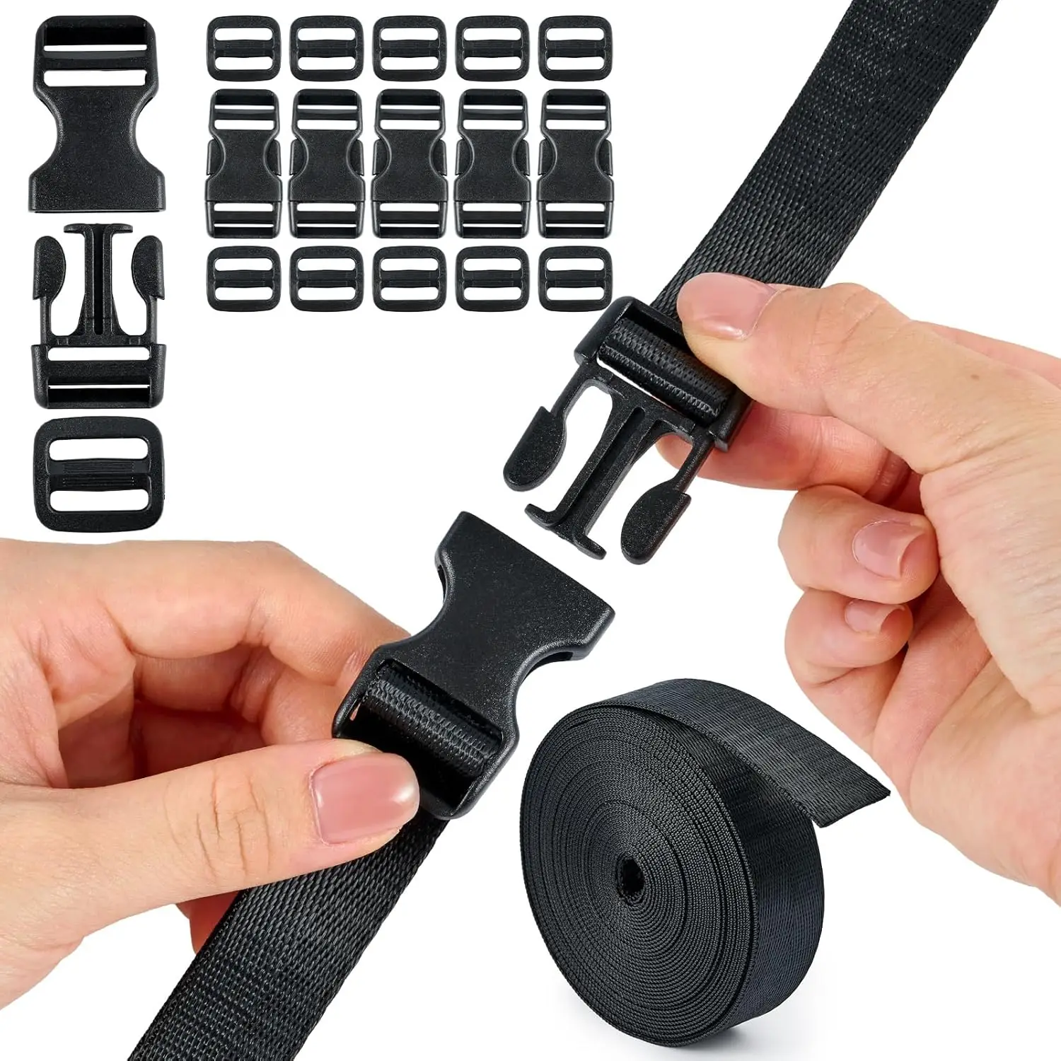 1–5 Sets schwarzes Nylon-Gurtband, 10–25 mm, Kunststoff-Entriegelungsschnallen für Taschen, Riemenhalsband, Gürtelverschluss, Haken, Rucksack-Zubehör