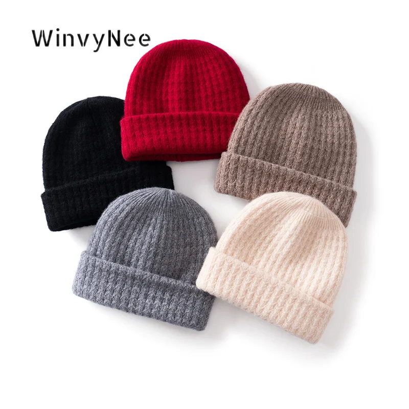 WinvyNee Women 100% Wool Butterfly Pattern Double Layer Beanie Ribbed Knit Cap Autumn Winter Thick Warm Cuffed Soft Cap I1883048