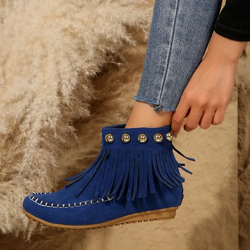 Women Boots Vintage Design Fringed Boot Side Zip Casual Ankle Boot Suede Leather Short Boots for Women Non Slip Oxford Flat Boot
