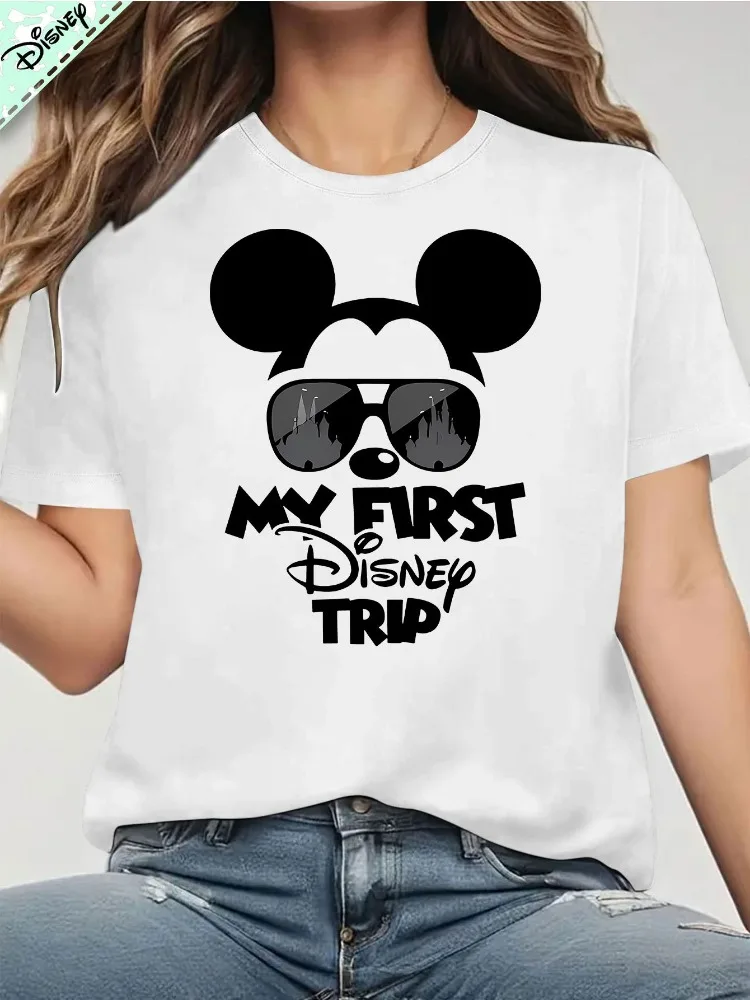 Camiseta de manga corta con estampado de Mickey Mouse My Disney Journey para mujer, diseño de gafas a la moda, Top informal, ropa para fanáticos de Disney