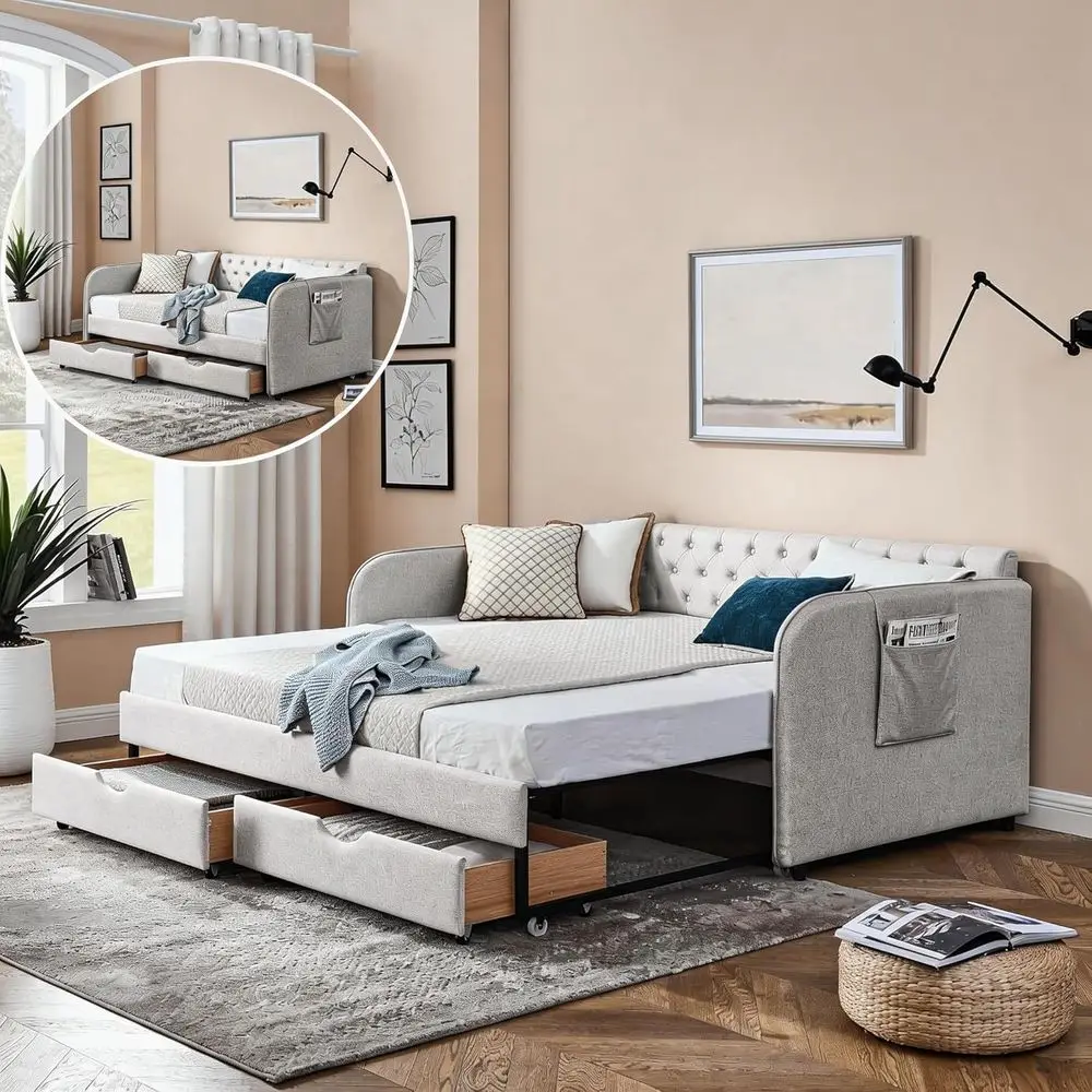 King Size Bed with Trundle, Storage Drawers, Linen Daybed with Side Arms, Twin Sofa Bed for Bedroom or Living Room, Beige, No Bo