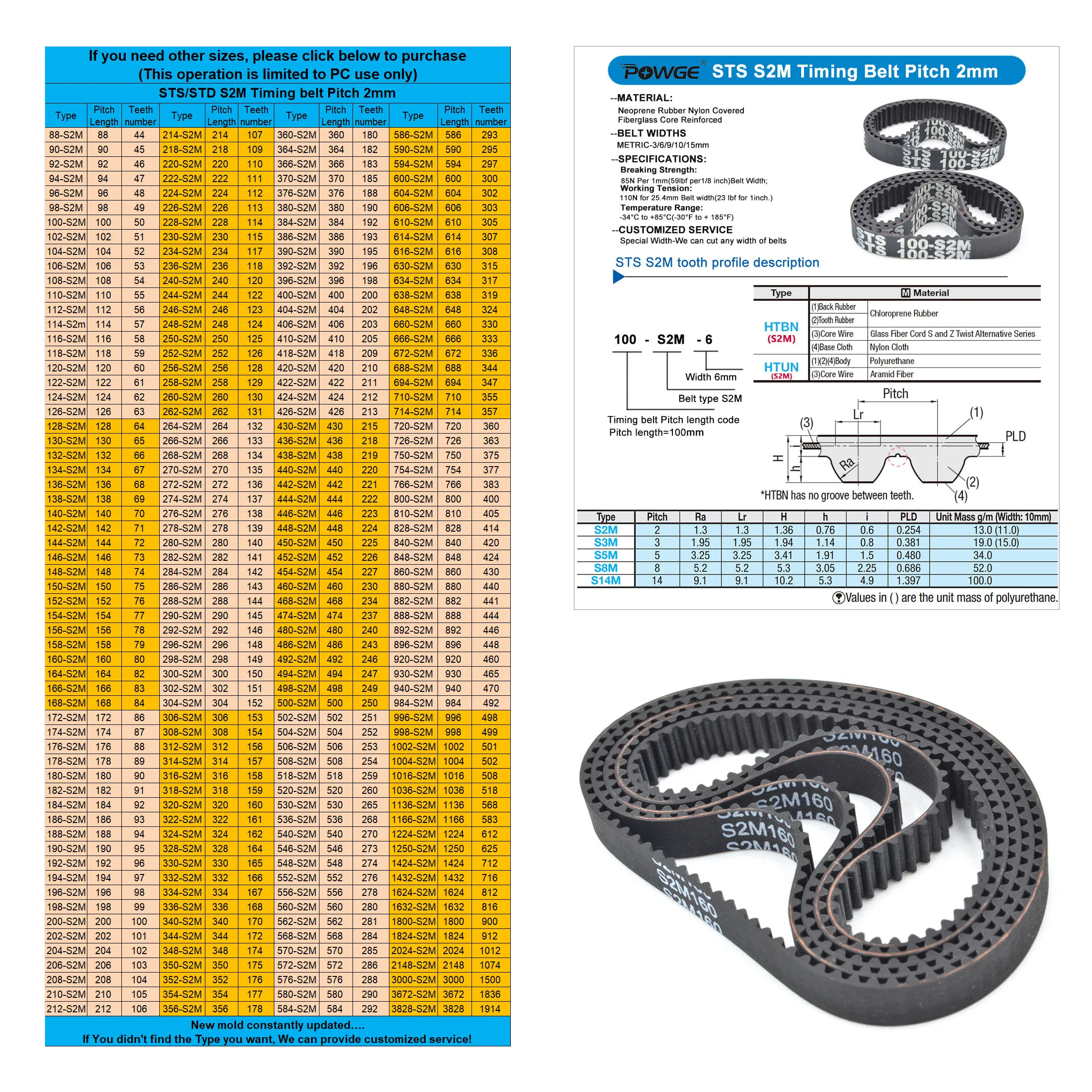 POWGE STS S2M Timing belt Lp=128 130 132 134 136 138 140 142 144 146 148 150 152 154 156 158 160 164 166 168 width 4-20mm Rubber