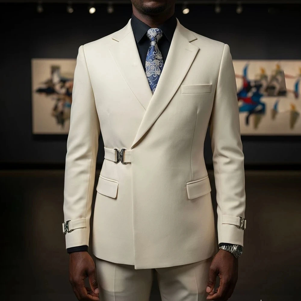 

Elegant Men Suits With Buckle 2 Pieces Jacket+Pant Notch Lapel Formal Casual Wedding Groom Prom Outfits Custom Male Clothing