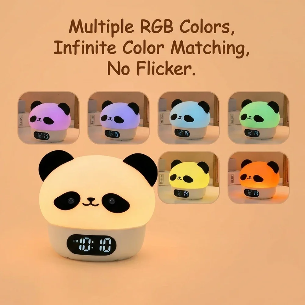 Cute Panda Digital Alarm Clock For Kids, Rechargeable Touch-sensitive Night Light With Color Changing Lamp Gift For Children