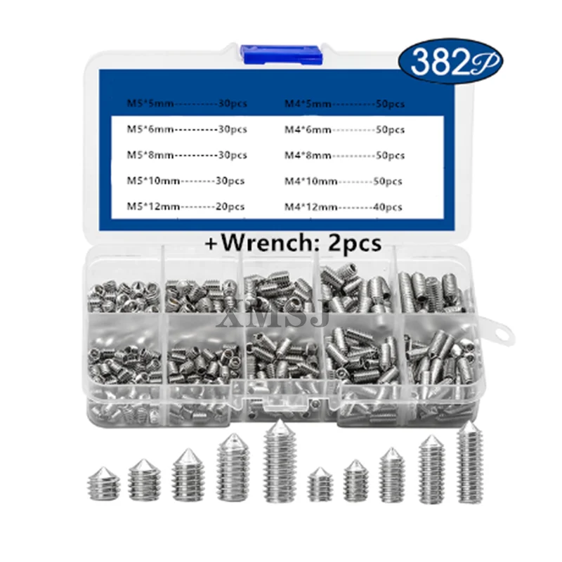 

XMSJ Hexagon Socket Set Screw Kit Cone Point Stainless Steel Headless Grub Screw Assorment Kit M2 M2.5 M3 M4 M5 M6 M8