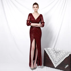 Robe longue fendue sur le devant à manches longues pour femmes, paillettes, col en V, soirée formelle