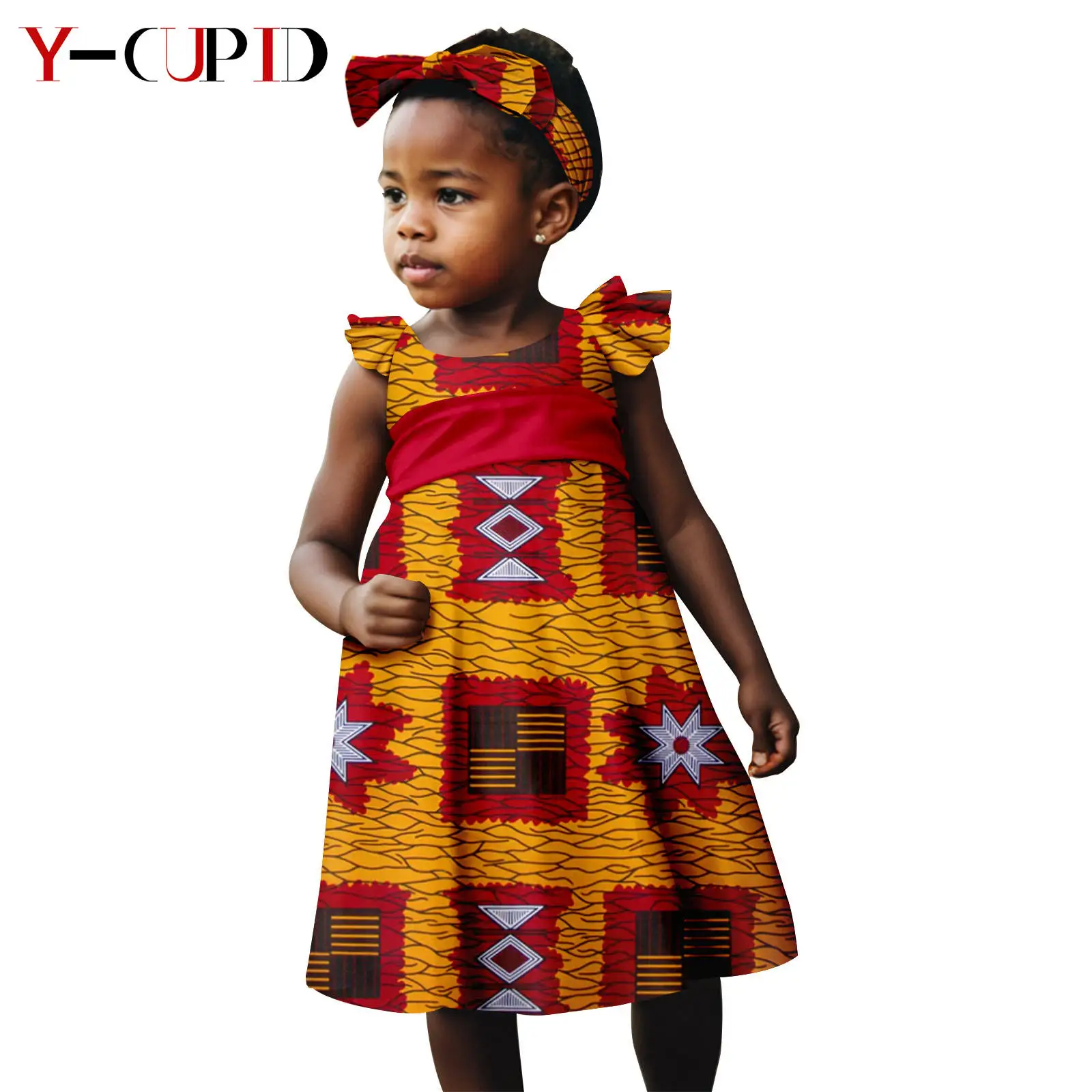 Odzież afrykańska Dashiki Girls Ankara Print Sukienki trapezowe z opaską na głowę Bazin Riche Dziecięce stroje dla dzieci Y 234027