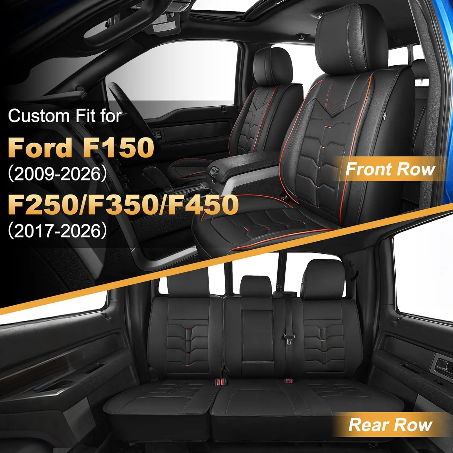Truck Pick-up Seat Covers for 2009-2026 Vehicles, Faux Leather, Redline, 5 Seats Full Set