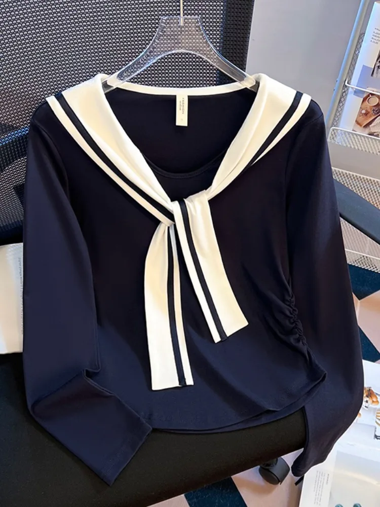 الكورية Sle طويلة Sve تي شيرت المرأة أوائل الخريف الخصر الصغيرة Cinched مطوي ort الأعلى مع وشاح الكتف تصميم الذاتي Kept #2