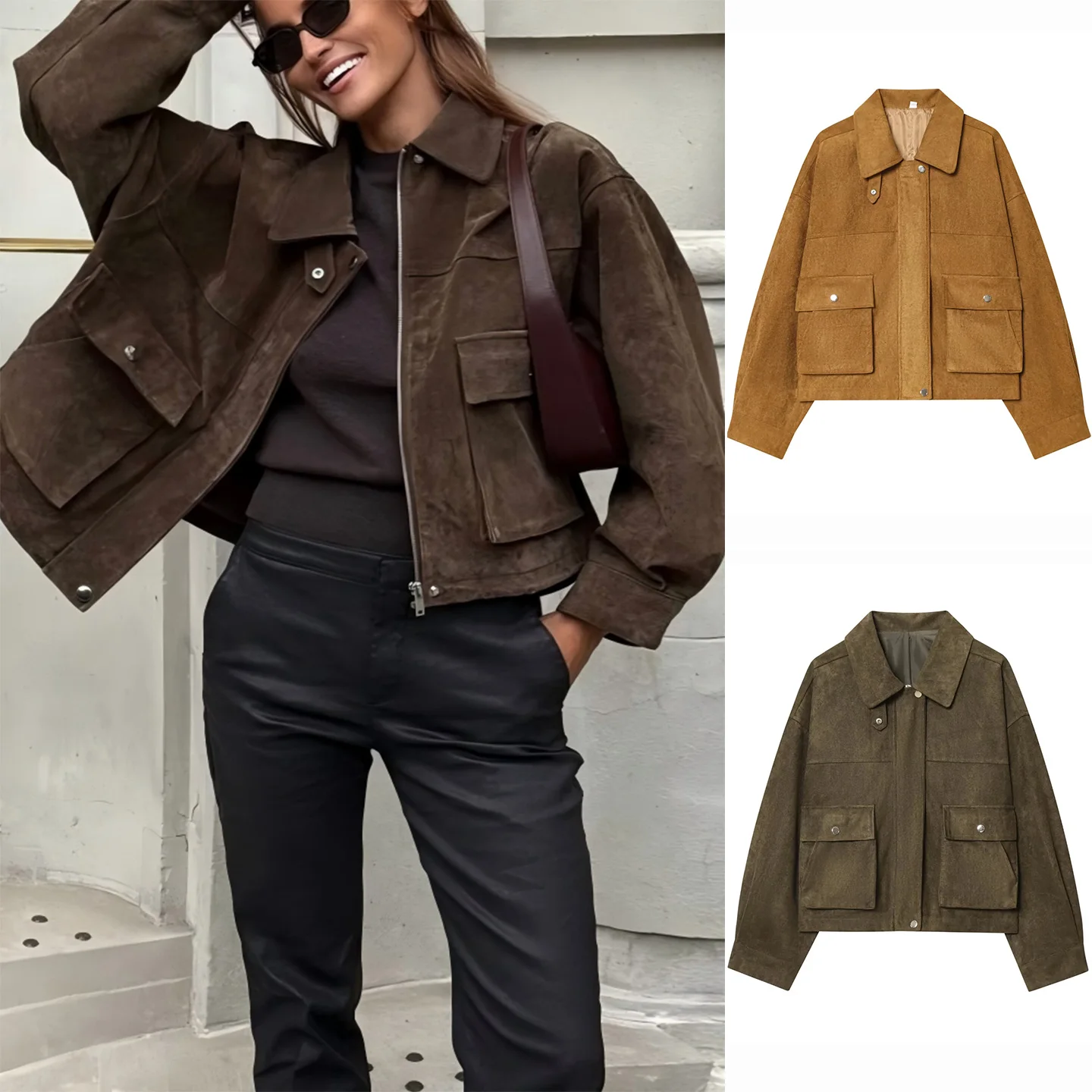 

Retro Style Women's Winter Jacket Long Sleeve Suede Leather Pilot Coat Zipper Closure Short Length Regular Thickness