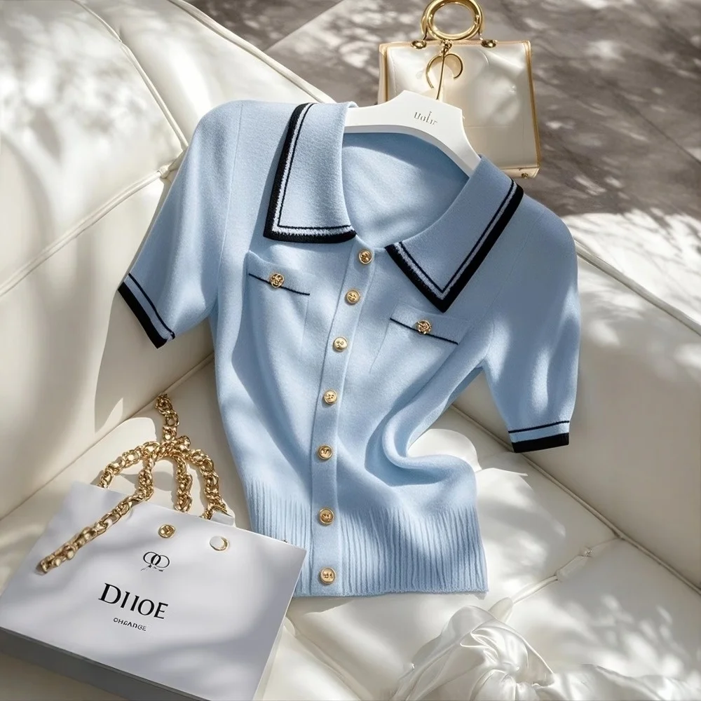 

Summer Blue Neck Short Sleeve Knitted T-Shirt Women's Fashion Color Block Casual Wear Comfortable Fit Chinese Brand