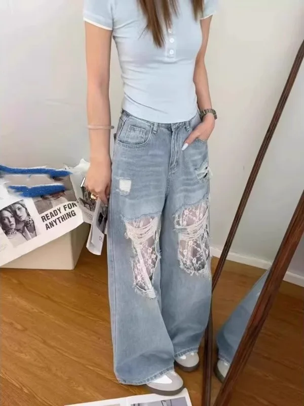 

High Waist Lace Patchwork Hole Denim Pants Women Summer New Sle Slimming Large Size Fat MM Floor-Length Wide Leg Straight L...