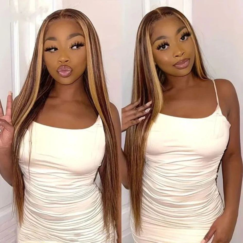

13x4 Highlight Honey Blonde Lace Front Wig Ombre 4/27 Straight HD Lace Frontal Wigs Human Hair Pre Plucked With Baby Hair