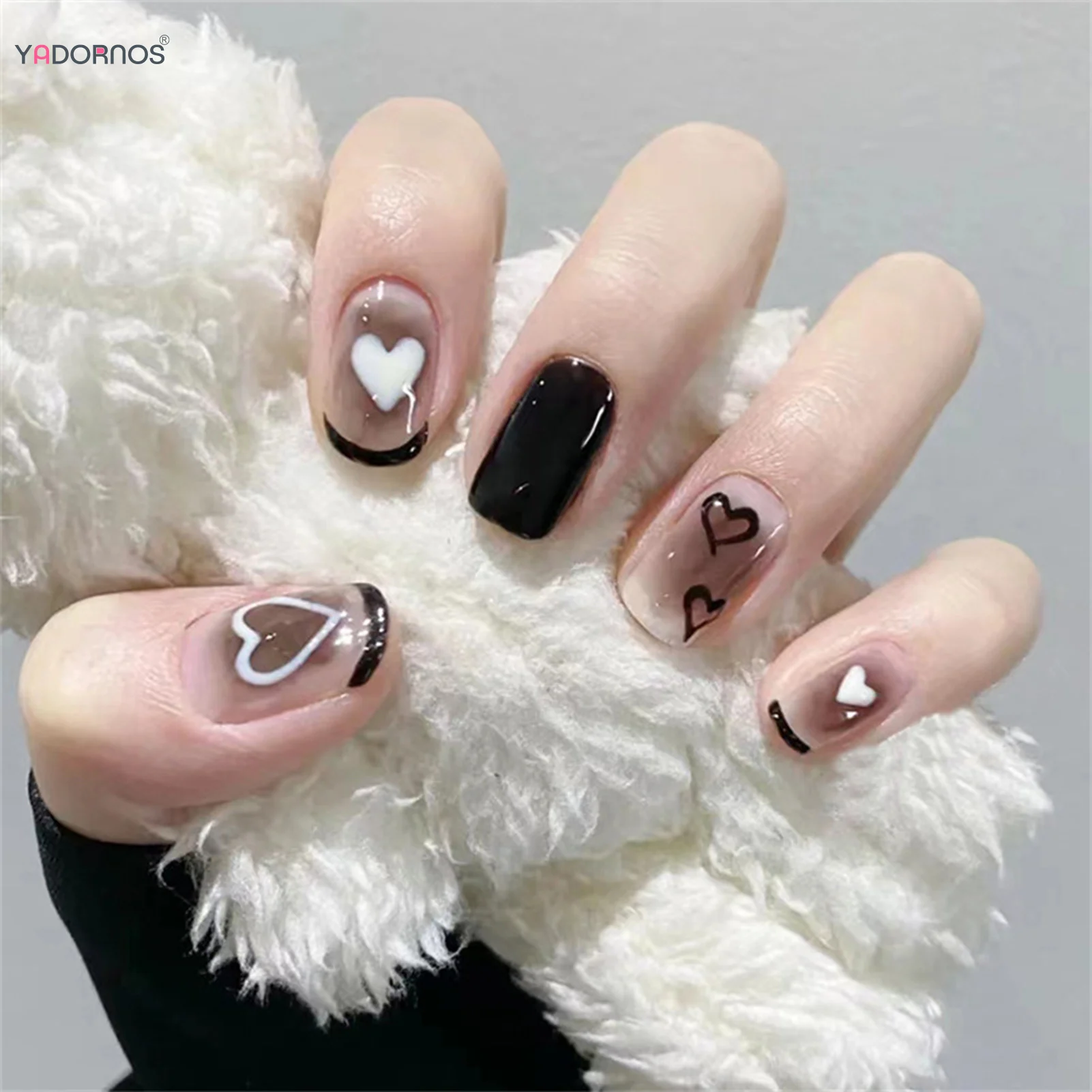 Fashion Black French Press on Nails Tips Y2K Style Clear Fake Nails with Heart Designs Short Ballet False Nails for Women Girls