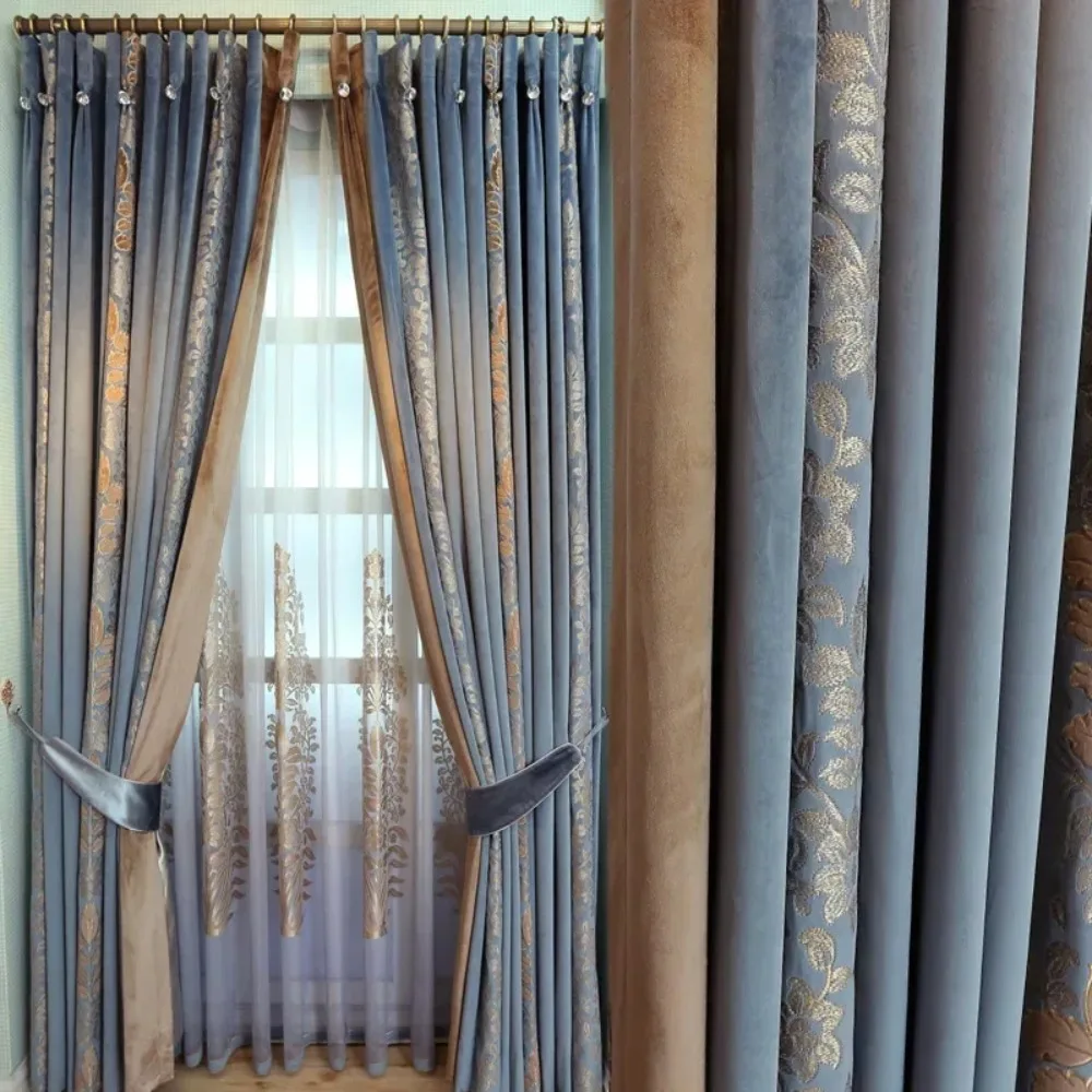 Luxury  Velvet Embroidered Curtains for Living Room Bedroom Blackout Blue Splicing French American Design Sense Custom