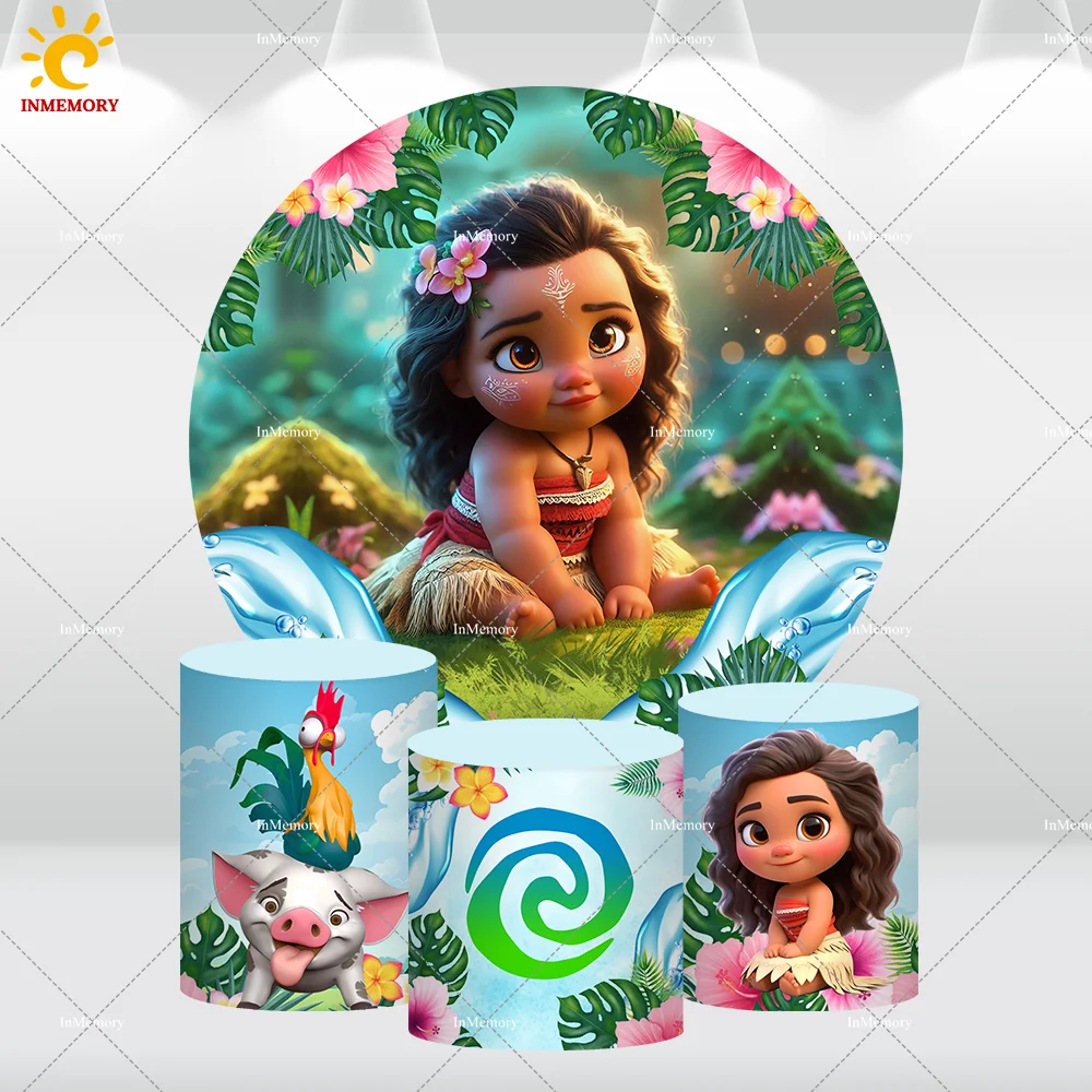 Disney Baby Moana Round Backdrop for Baby Shower Decoration Cartoon Princess Girls 1st Birthday Circle Background Cylinder Cover