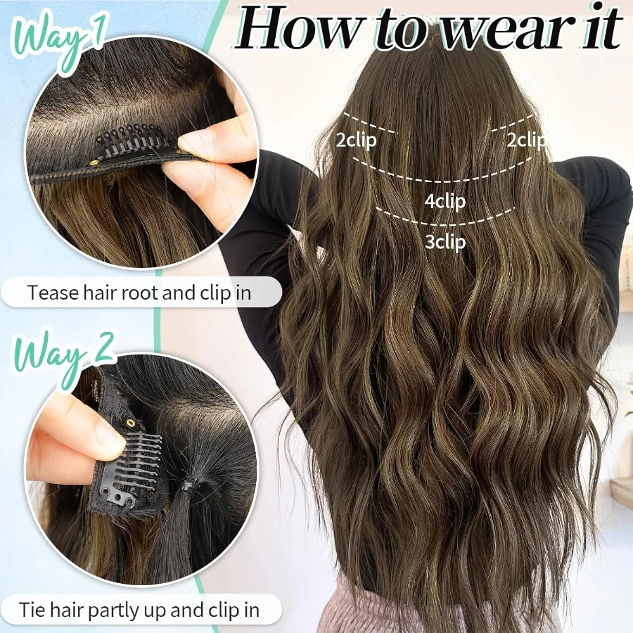 طويل متموج الاصطناعية تسليط الضوء على وصلات شعر 4 قطعة قطع الشعر السميكة Balayage الشوكولاته البني إلى الكراميل شقراء الألياف مزدوجة Wef