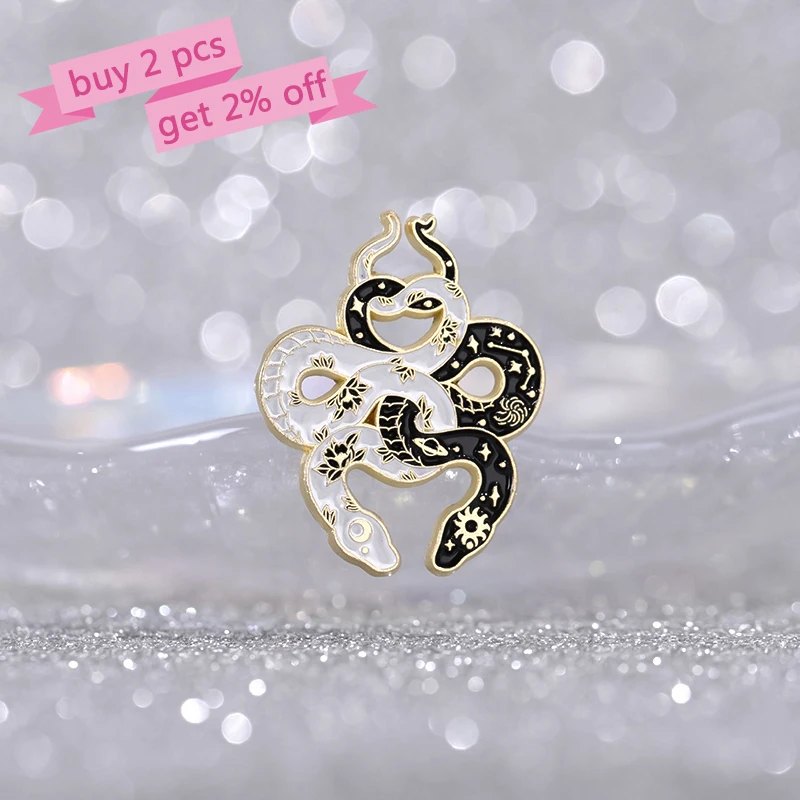 Butterfly Snake Enamel Pins Custom Black White Sun Moon Snake Brooches Lapel Badges Punk Gothic Animal Jewelry Gift for Friends