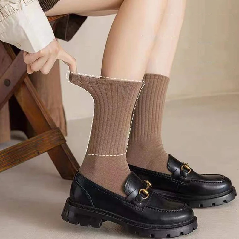 Solid Colors Women Cotton Socks High Quality Autumn Winter Rib Top Paddy Daily Basic Colorful Soft Socks Lady Warm Socks