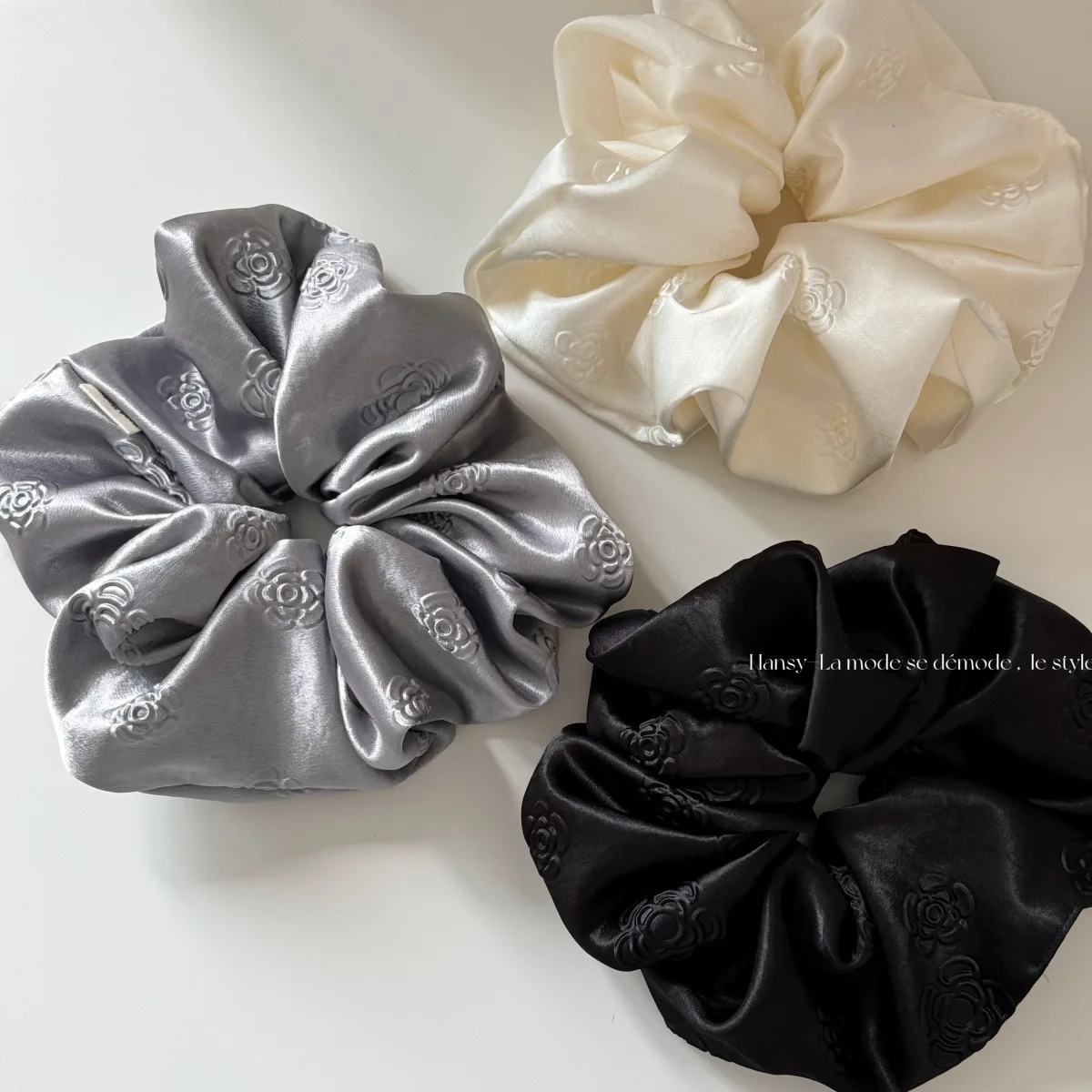 Scrunchie Satin Rose Embossed Print Smooth Fabric Hair Tie Women Vintage Chic Office Home Travel Comfortable Premium