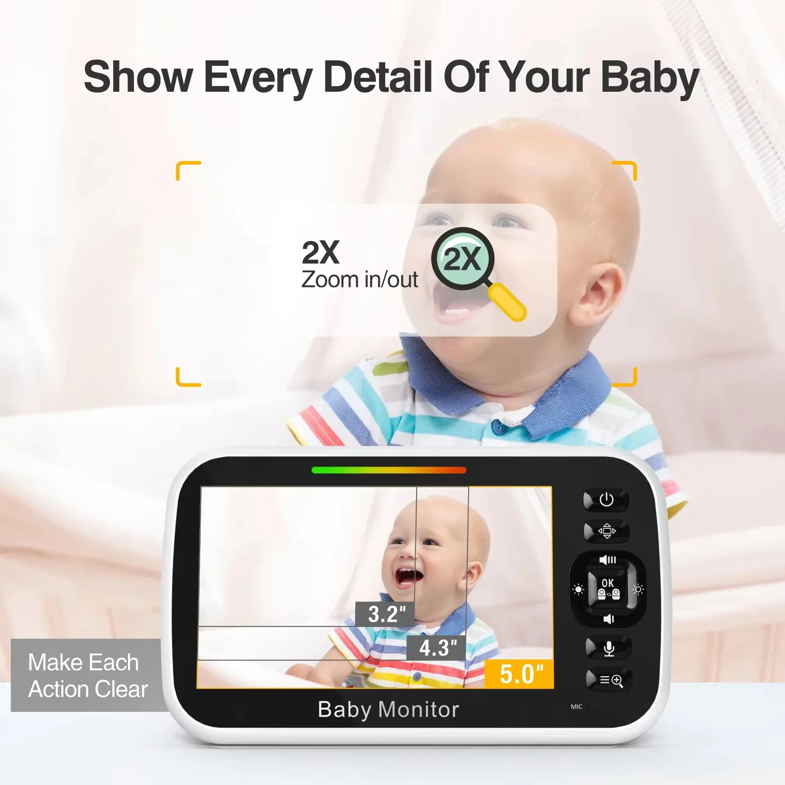 5.0 Inch Baby Monitor LCD Screen VOX Mode Night Vision Two-Way Audio Temperature Sensor Lullaby Pan Tilt Security Camera SM663 view 3
