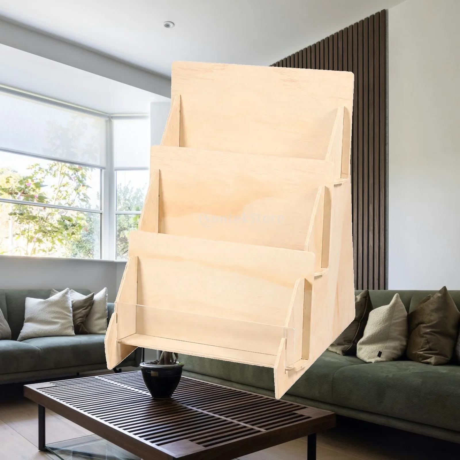 Desktop Office Storage Shelf 3 Tier Bamboo Wood Literature Organizer for Books Brochures Cards Upright Magazine Holder Pen
