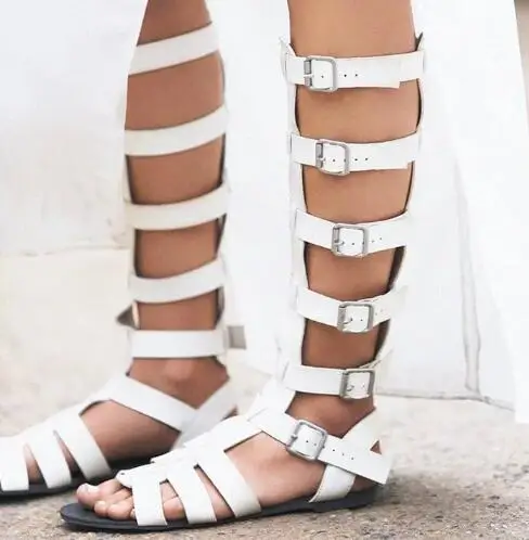 

New Ladies White Black Solid Leather Belt Buckles Gladiator Hollow Flat Knee High Sandals Boots Summer Women Leisure Long Boots