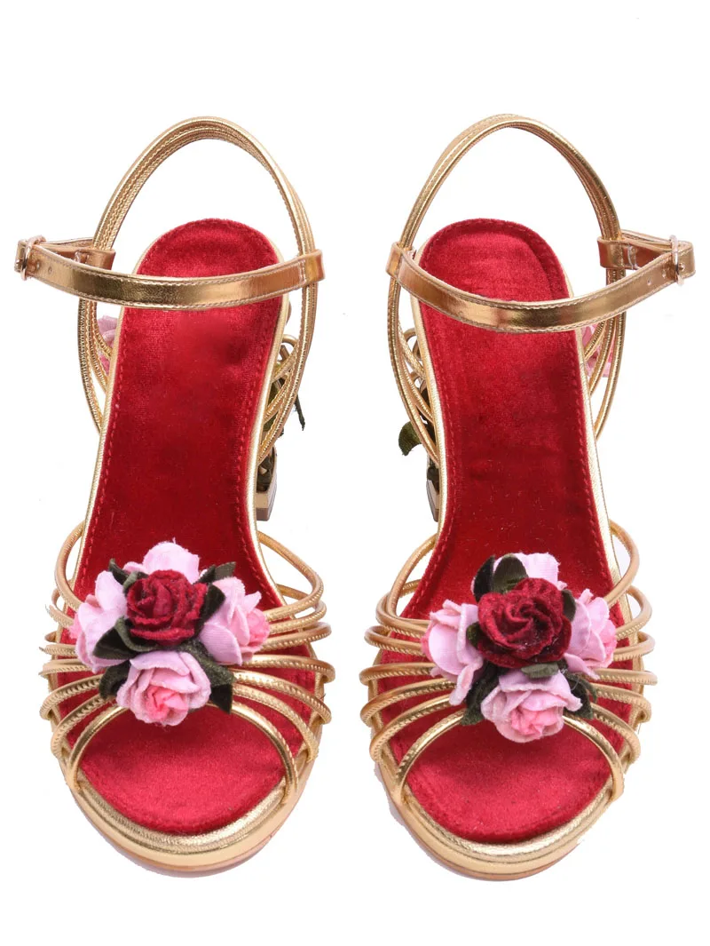 Luxury Golden Fretwork Bird Cage Heel Pink Red Rose Velvet Flowers Weddding Sandals Ankle Strap High Heels Banquet Summer Shoes