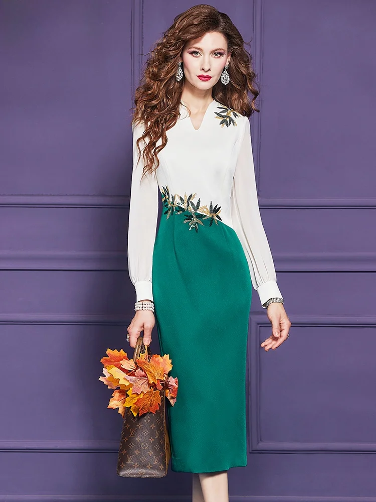 Elegant Commute Embroidered Dress Women Long Sleeve Slim Fit V-Neck One Step Skirt High Waist Polyester Fiber City Commute