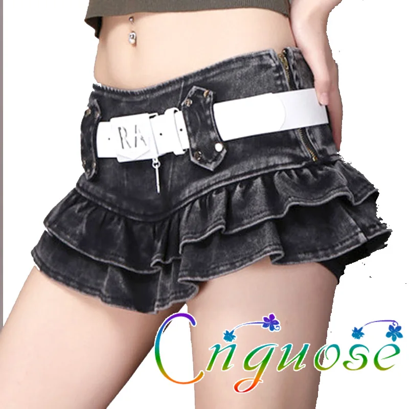 Denim Shorts Female Culotte Sexy Low Waist Ruffled Puffy Cake Denim Jeans Mini Skirt Nightclub Hot Short Skirts Pants for Womens