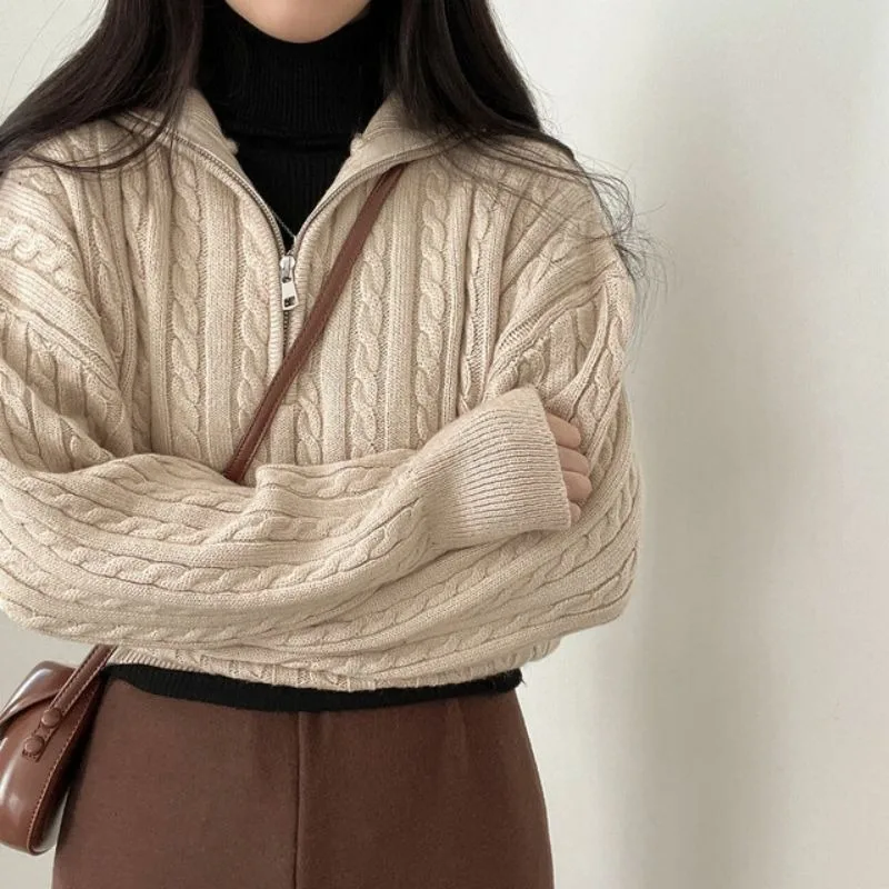 Autumn Oversize Knitted Sweater Women Vintage Pullover Baggy Long Sleeve Zipper Sweaters Lady Half High Collar Korean