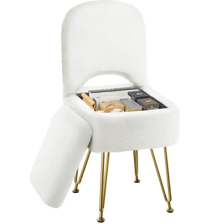 

Small Vanity Stool Chair with Storage and Folding Back, 13.4 x 15 x 30 Square Faux Fur Soft Ottoman, 4 Metal Legs with AntiSlip