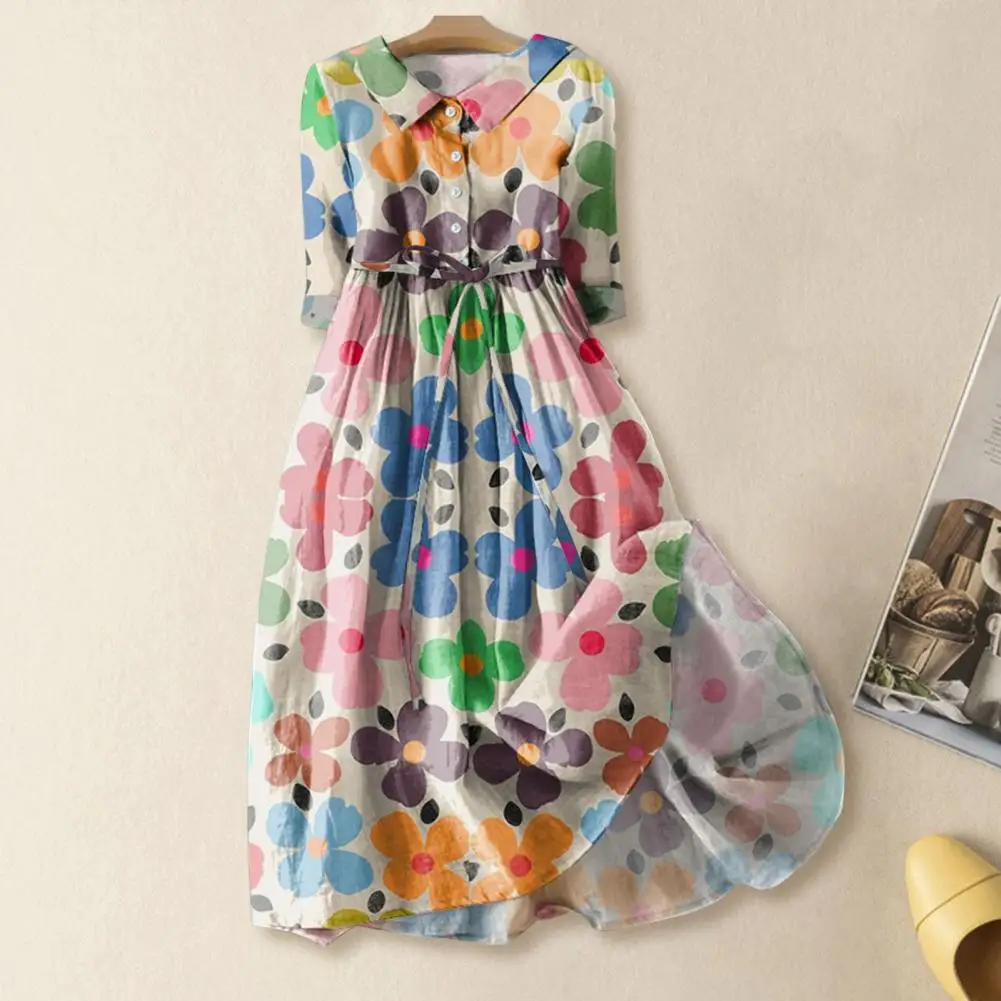 Women Casual Short Sleeve Floral Print Dress Vintage Floral A Line Maxi Dress Boho Single-breasted Pleated Dress Beach Dresses