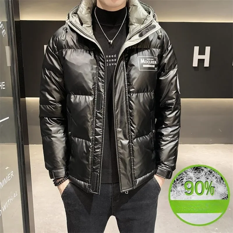 Novos homens jaqueta casaco moda curto brilhante solto parkas fino ajuste com capuz lazer outwear inverno engrossar casaco tendência