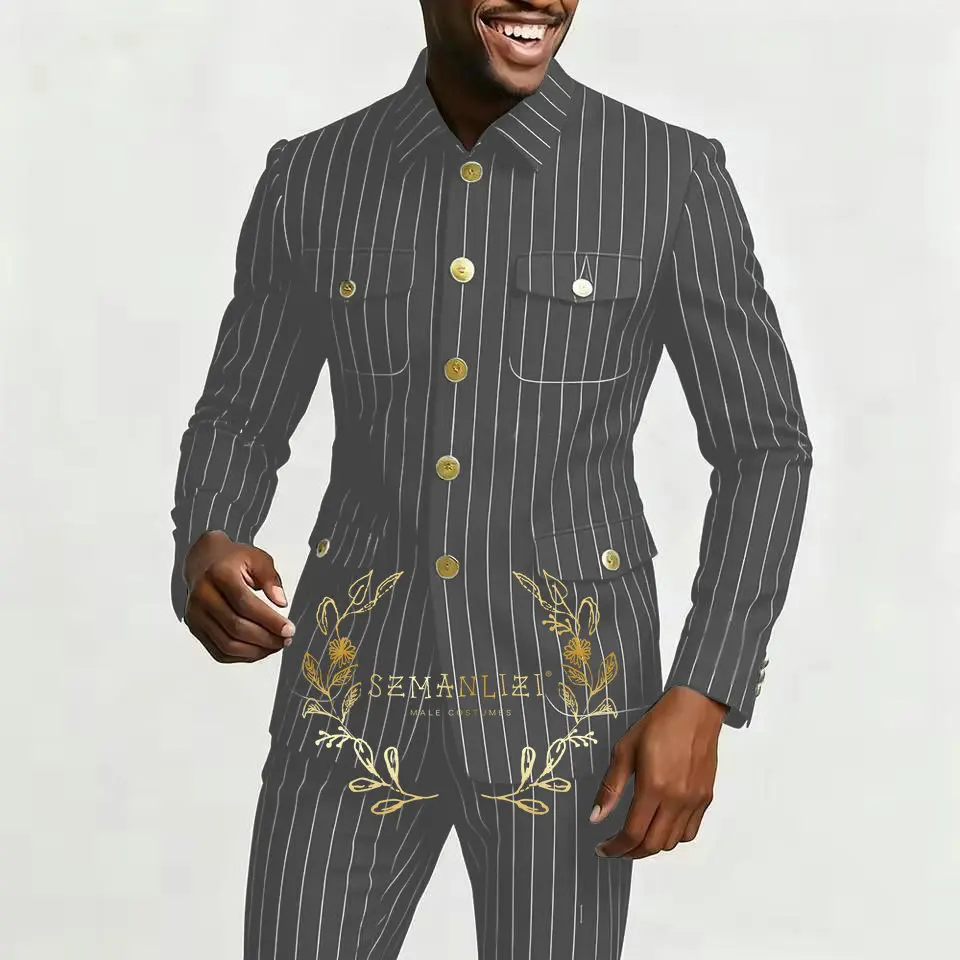 بدلة رجالية سوداء مقلمة مكونة من قطعتين بدلة كلاسيكية ضيقة وسترة سهرة وسراويل غير رسمية بياقة واقفة لحفلات الزفاف وحفلات التخرج