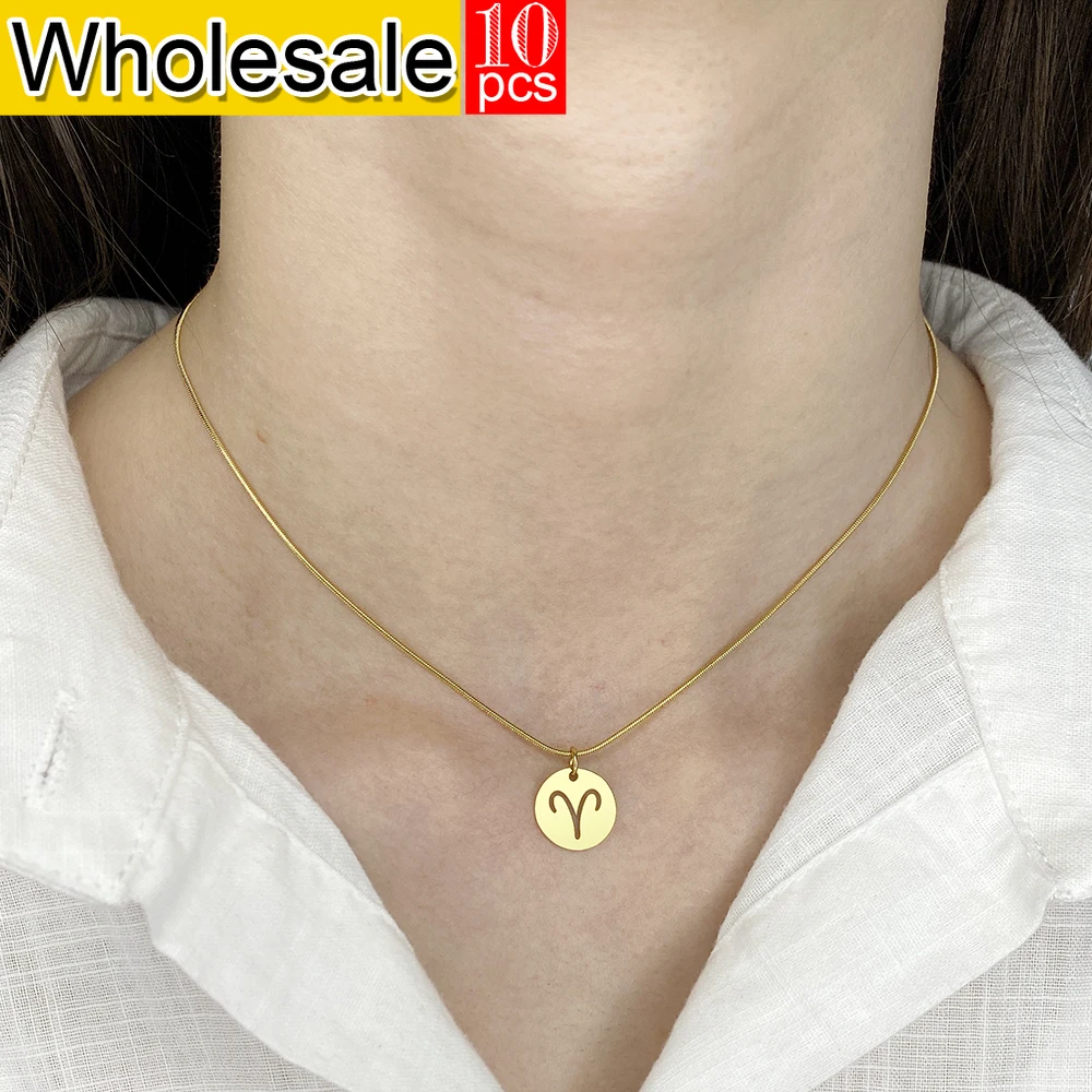 10PCS Stainless Steel Golden Round Snake Bead Chain Minimalist Style Necklace 12 Zodiac Pendant Wholesale for Women's Jewelry