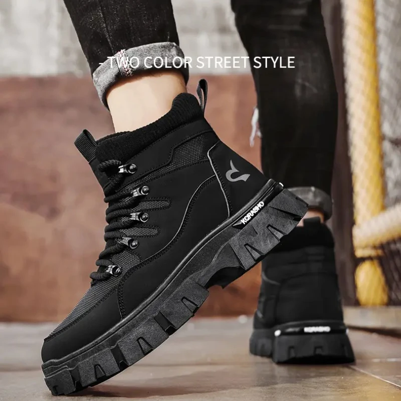 

Мужские высокие уличные кожаные ботинки на шнуровке на низком каблуке с цветными блоками, всесезонные повседневные прочные рабочие ботинки для прогулок на открытом воздухе