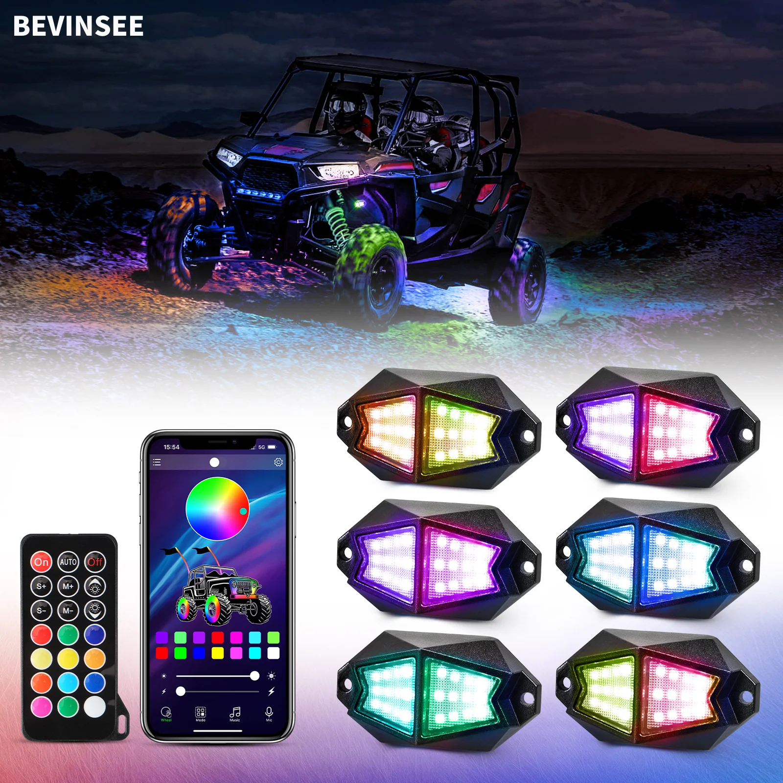 

BEVINSEE 6-струбные светодиодные рок-фонари, многоцветное приложение и пульт дистанционного управления, неоновая атмосфера, указатель поворота для грузовика, лодки, внедорожника, квадроцикла