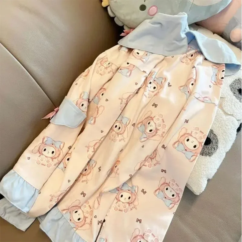 Kawaii Cute Sanrio Mymelody Pajamas Household Clothes Suit Cotton Bowknot Falbala Ins Cute Girl Christmas Gift For Girlfriend