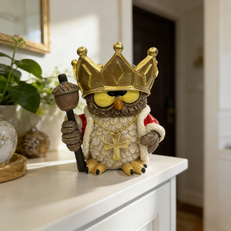 King Owl Resin Statue, Crown & Scepter Owl Figurine, Retro Style Home Decor view 4