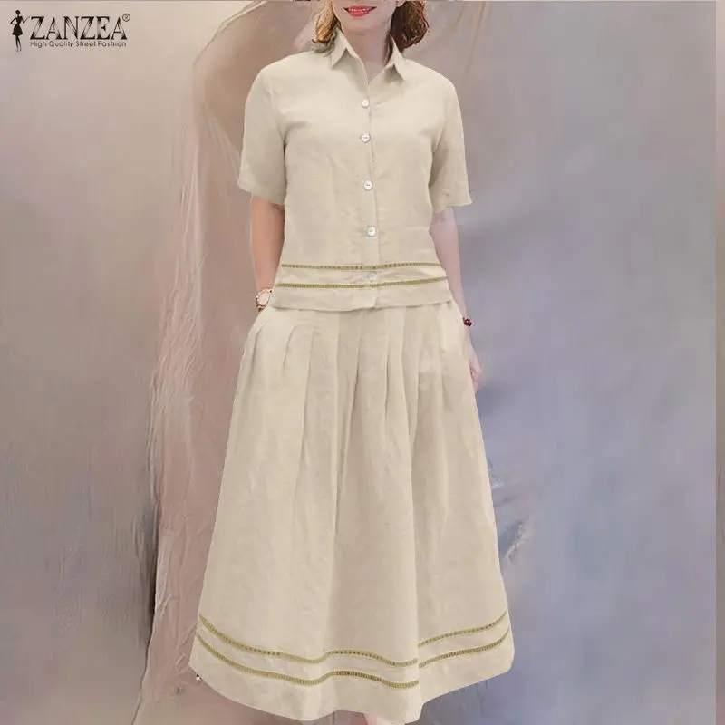 ZANZEA 2026 Summer Outfits Lapel Short Sleeve Shirt Dress Sets Fashion Women 2 Piece Sets Stylish Skirt Suit OL Work Tracksuit