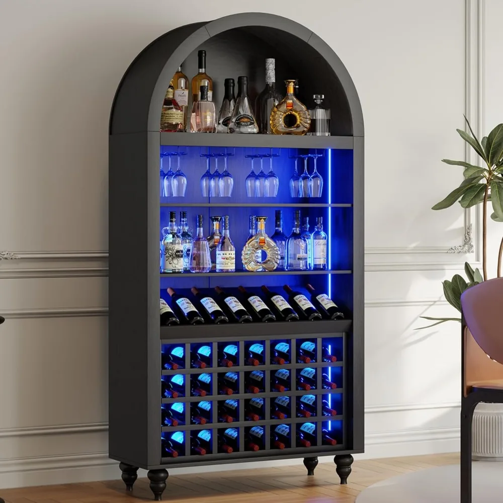 

Arched Wine Bar Cabinet, 71" Tall Liquor Cabinet 28 Wine Racks, 4 Glass Holders & 4 Tier Shelf for Kitchen, Dining Room