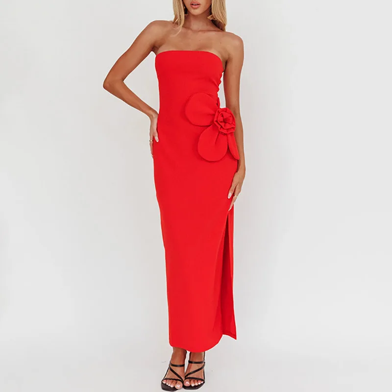 Sexy tubo superior split vestido de festa elegante puro oco para fora sem mangas vestido de banquete 2025 nova senhora estereoscópica floral vestido de noite