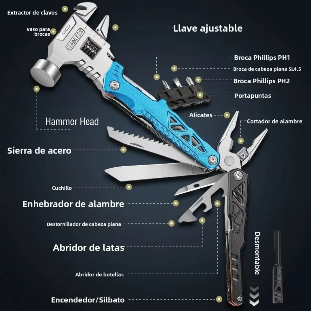 High-Carbon Steel Multitool Hammer with Wrench, Pliers, Saw & 3 Screwdriver Bits, Rust-Resistant EDC Survival Tool