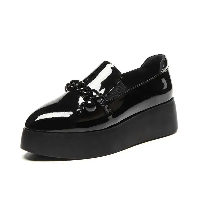 Vichelo Hot Black Real Cow Leather Slip On Pointed Toe Flat Platform Loafers Metal Chain Decoration Campus Vulcanized Shoes L90